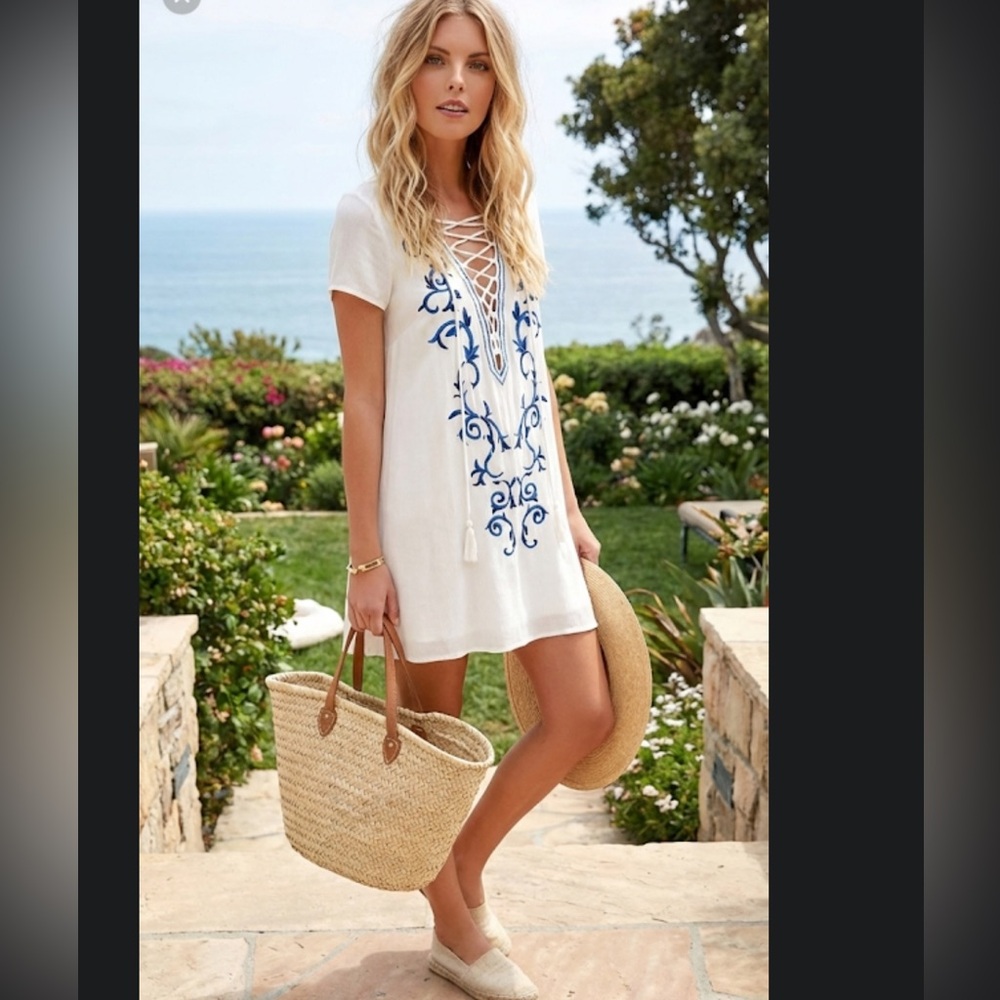 Lulus Small Embroidered Lace Up Shift Dress Vacation Beach Down In Kokomo